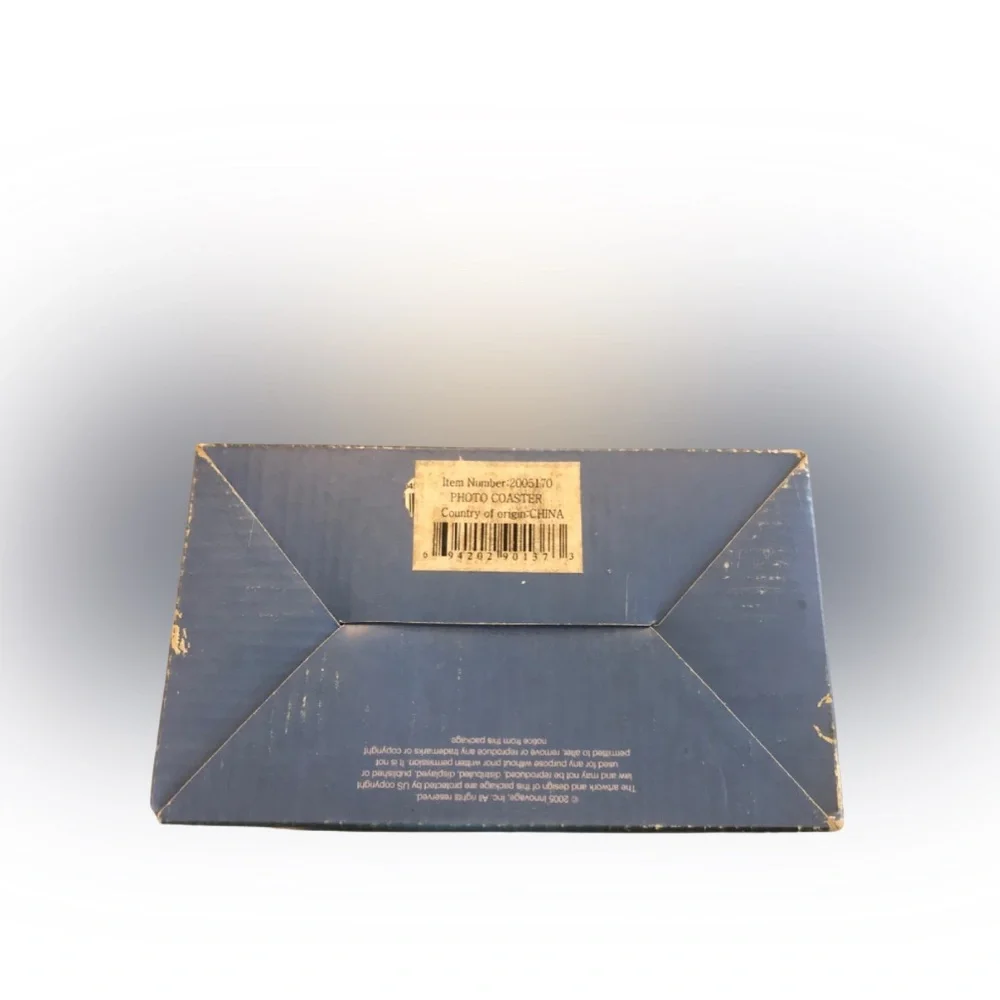 NIB Glass Photo Coasters Set – 2x3 Display – Holder Missing – Box Damaged